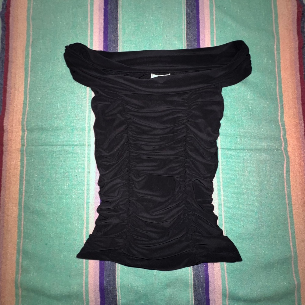 Rio Ruched Top Womens Small Black Off Shoulder Short Sleeve Y2K Slim Fit AY57